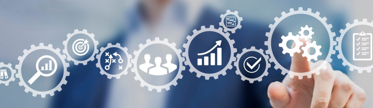 Operations management involving business process and workflow, p Operations management involving business process and workflow, problem solving, high performance, monitoring and evaluation, quality control. Concept with manager touching gears and icons.